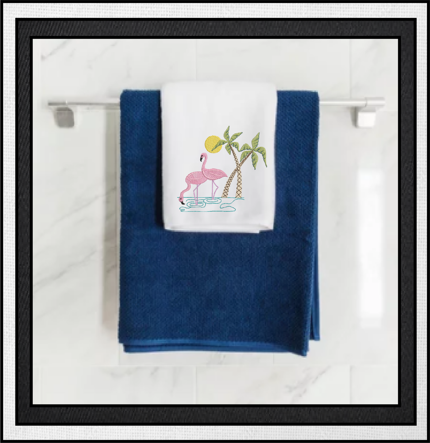 Wading Flamingos Machine Embroidery Design – Tropical Birds with Palm Tree, Summer Island Animal Embroidery, 4 Sizes (0461)