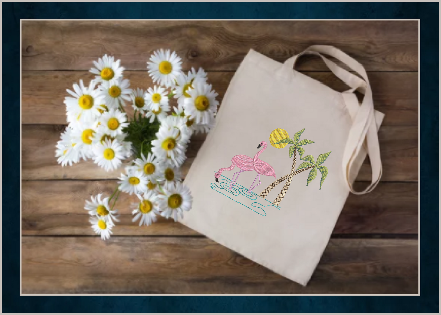 Wading Flamingos Machine Embroidery Design – Tropical Birds with Palm Tree, Summer Island Animal Embroidery, 4 Sizes (0461)