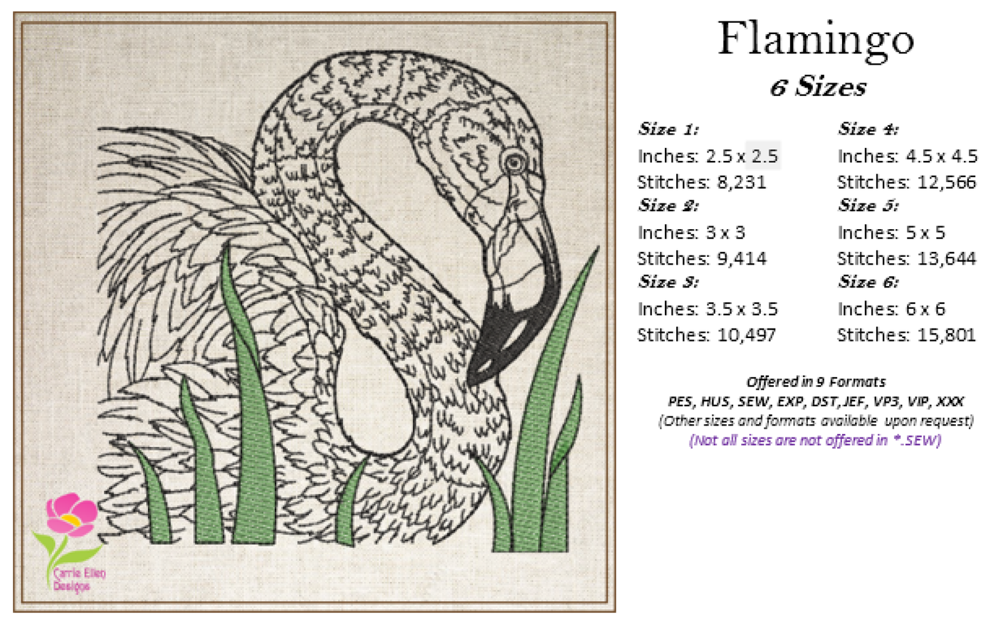 Flamingo Machine Embroidery Design, Pink Flamingo Sketch, Tropical Bird Line Art Embroidery, 6 Sizes (0499)