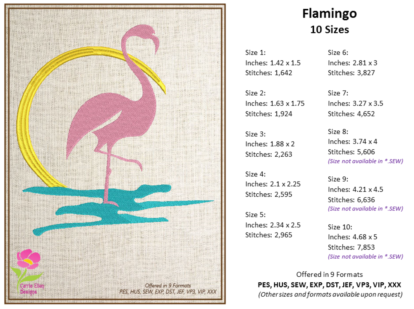 Flamingo Machine Embroidery Design – Pink Bird at Sunrise Embroidery Pattern, 10 Sizes (0608)