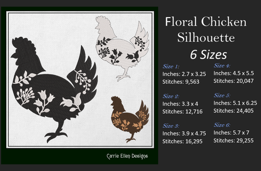Floral Chicken Machine Embroidery Design – Wildflower Bird Silhouette – 6 Sizes (1622)