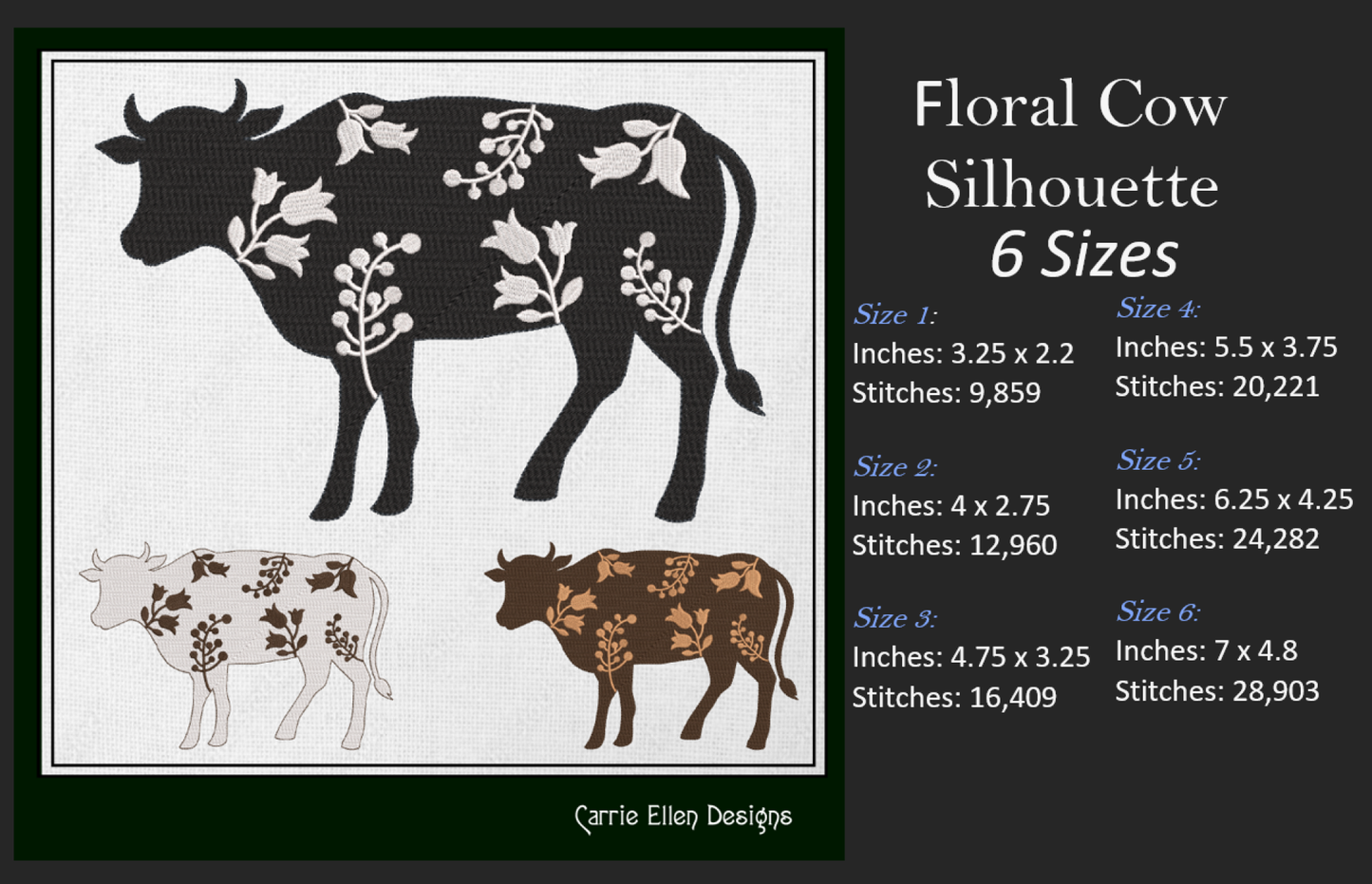 Floral Cow Machine Embroidery Design – Wildflower Farm Animal Silhouette – 6 Sizes (1625)