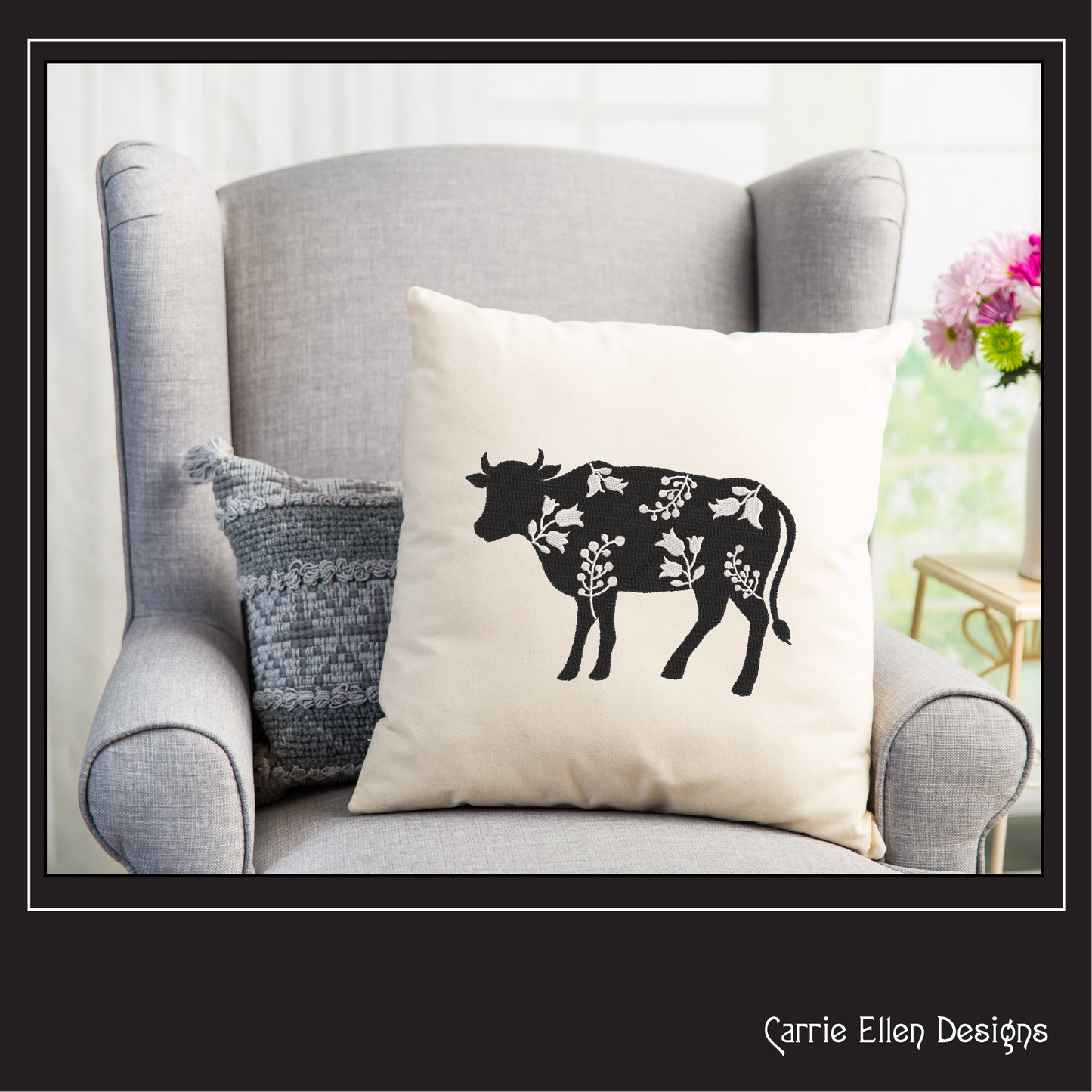 Floral Cow Machine Embroidery Design – Wildflower Farm Animal Silhouette – 6 Sizes (1625)