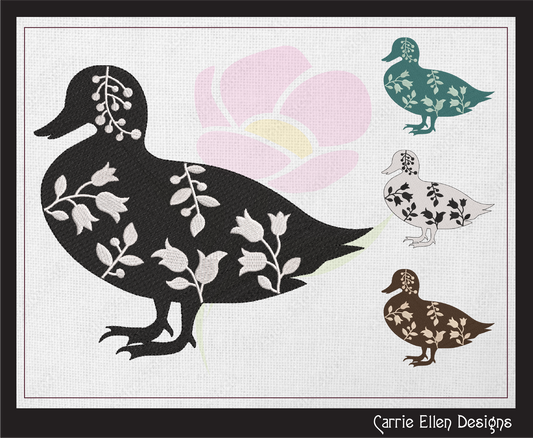 Floral Duck Machine Embroidery Design – Wildflower Farm Bird Silhouette – 6 Sizes (1631)
