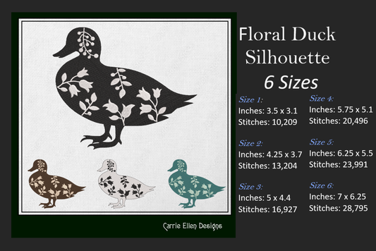 Floral Duck Machine Embroidery Design – Wildflower Farm Bird Silhouette – 6 Sizes (1631)