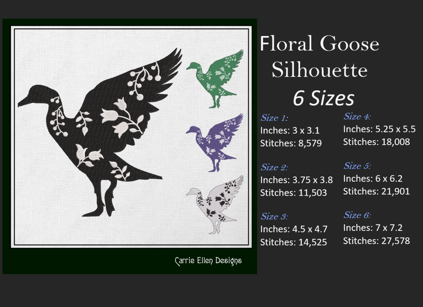 Floral Goose Machine Embroidery Design – Farm Animal Silhouette with Wildflowers – 6 Sizes (1634)