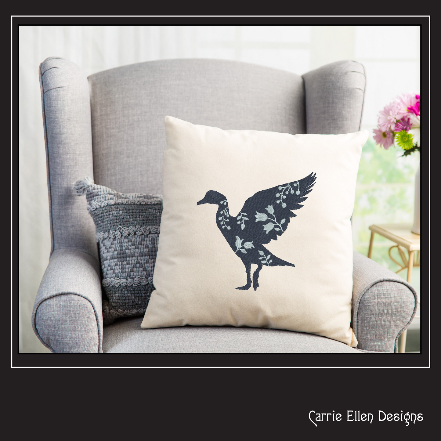 Floral Goose Machine Embroidery Design – Farm Animal Silhouette with Wildflowers – 6 Sizes (1634)
