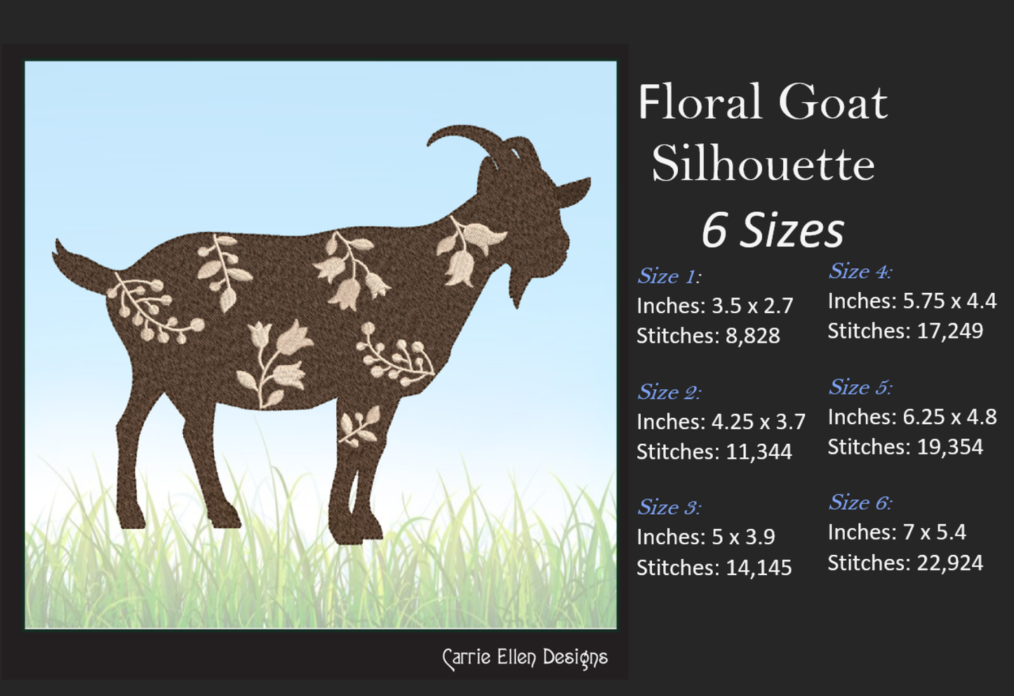 Floral Goat Machine Embroidery Design – Farm Animal with Wildflower Silhouette – 6 Sizes (1632)