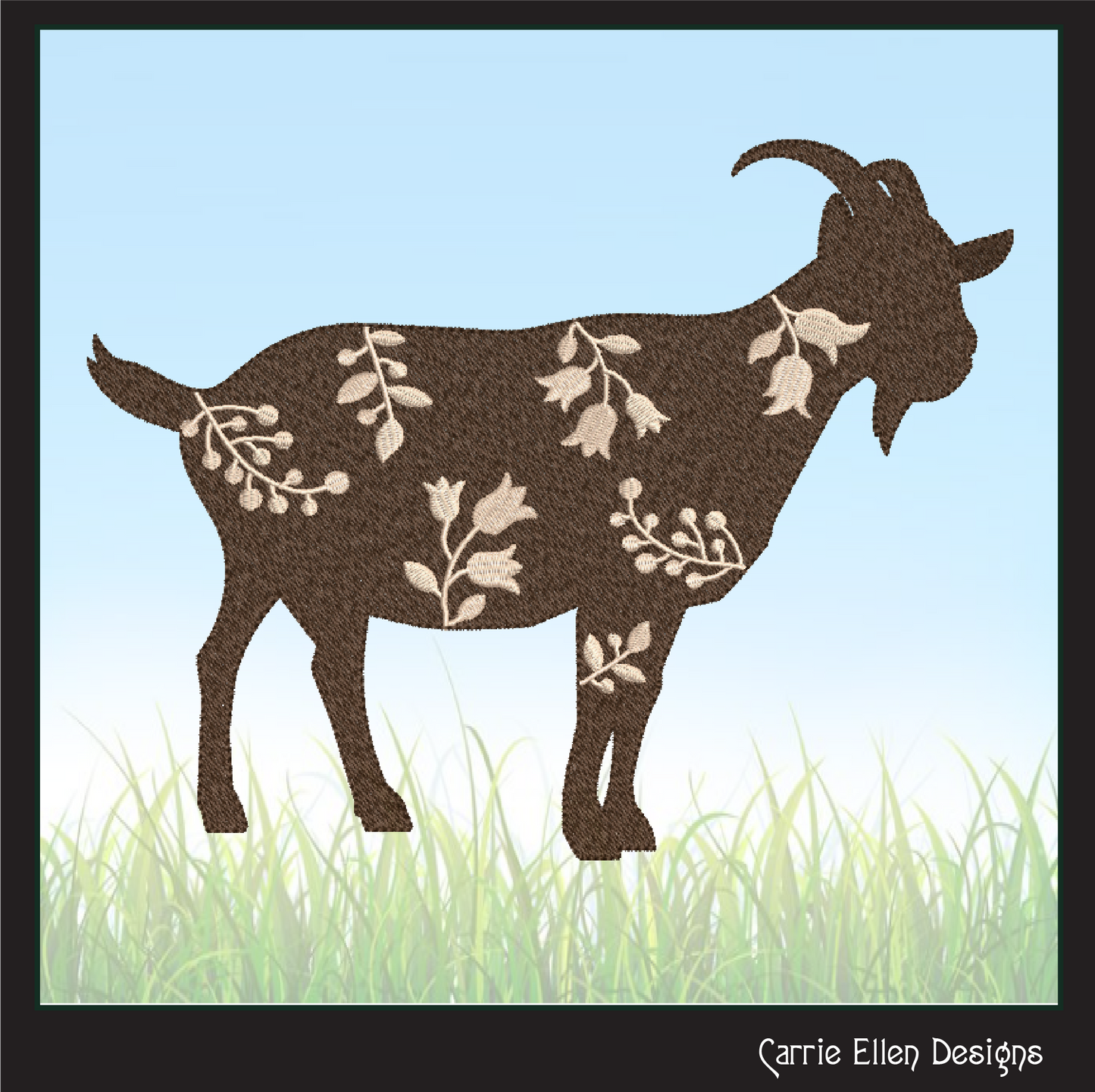 Floral Goat Machine Embroidery Design – Farm Animal with Wildflower Silhouette – 6 Sizes (1632)