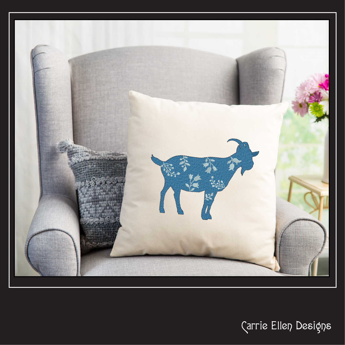 Floral Goat Machine Embroidery Design – Farm Animal with Wildflower Silhouette – 6 Sizes (1632)