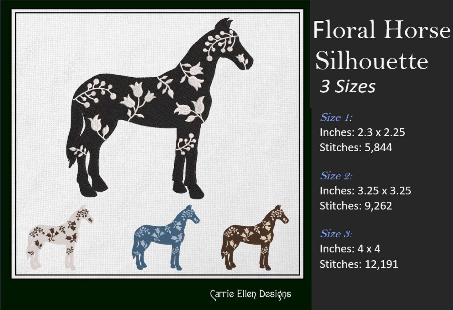 Floral Horse Machine Embroidery Design – Farm Animal Silhouette with Flowers, Wildflower Pony, 3 Sizes (1642)