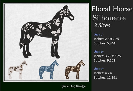 Floral Horse Machine Embroidery Design – Farm Animal Silhouette with Flowers, Wildflower Pony, 3 Sizes (1642)