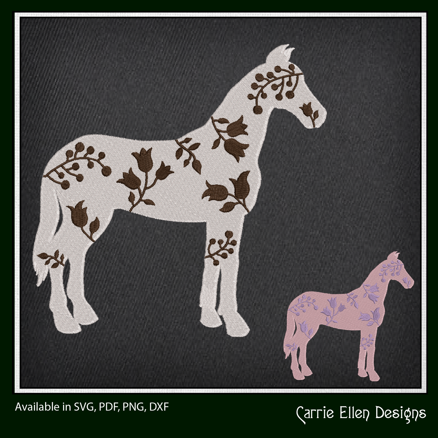 Floral Horse Machine Embroidery Design – Farm Animal Silhouette with Flowers, Wildflower Pony, 3 Sizes (1642)