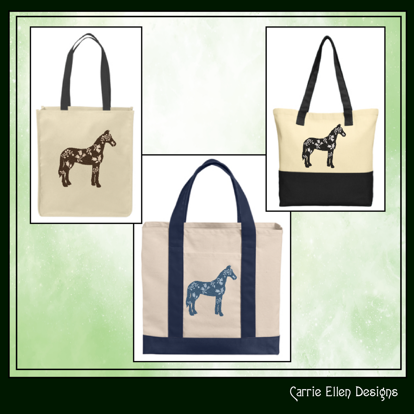 Floral Horse Machine Embroidery Design – Farm Animal Silhouette with Flowers, Wildflower Pony, 3 Sizes (1642)