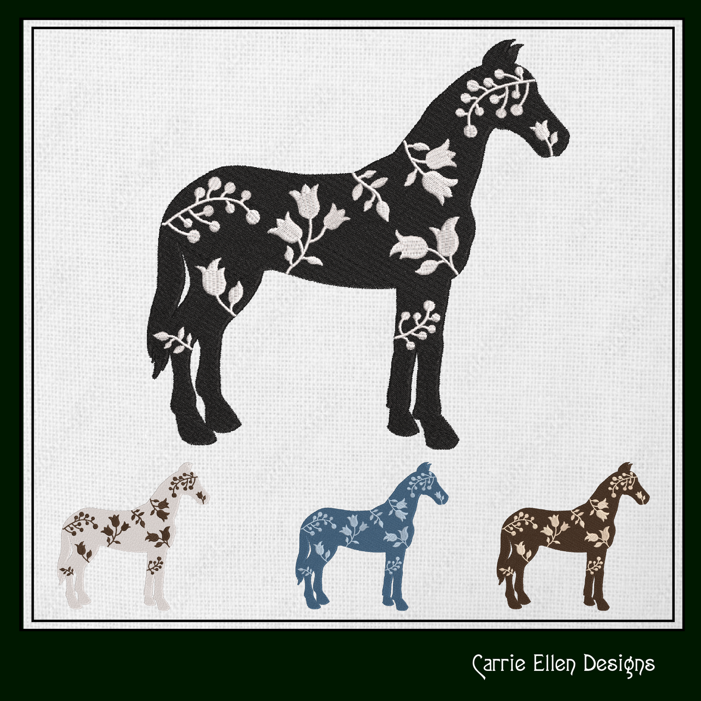 Floral Horse Machine Embroidery Design – Farm Animal Silhouette with Flowers, Wildflower Pony, 3 Sizes (1642)
