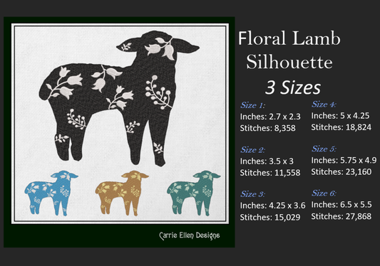 Floral Lamb Machine Embroidery Design – Farm Animal Silhouette with Flowers, Wildflower Livestock Silhouette, 6 Sizes (1645)
