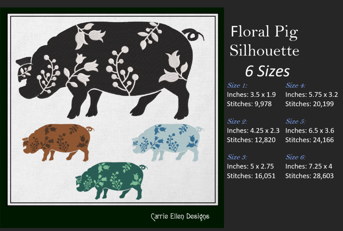 Pig Machine Embroidery Design Bundle – Floral Pigs, Sketch Farm Animal Designs, 6 Designs in 6 Sizes Each (2549)