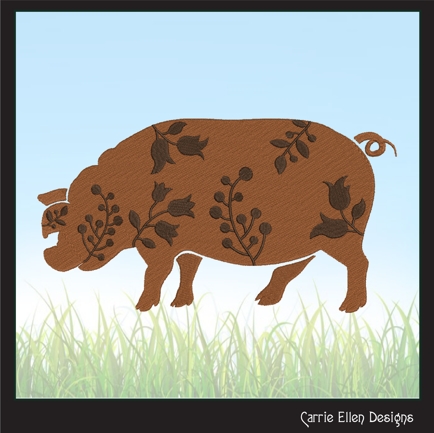 Floral Pig Machine Embroidery Design – Grazing Farm Animal with Wildflower Silhouette – 6 Sizes (1637)