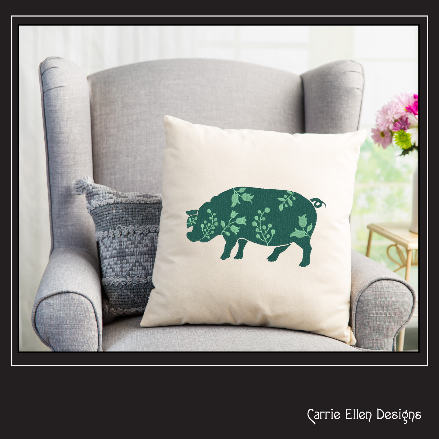 Floral Pig Machine Embroidery Design – Grazing Farm Animal with Wildflower Silhouette – 6 Sizes (1637)