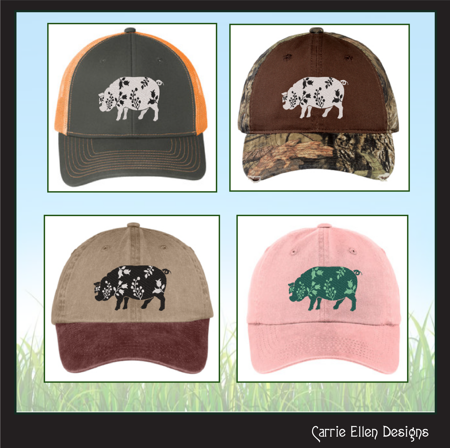 Floral Pig Machine Embroidery Design – Grazing Farm Animal with Wildflower Silhouette – 6 Sizes (1637)