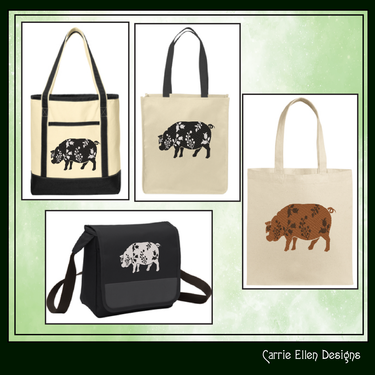 Floral Pig Machine Embroidery Design – Grazing Farm Animal with Wildflower Silhouette – 6 Sizes (1637)