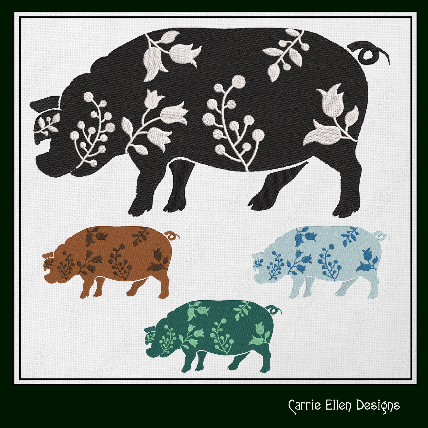 Floral Pig Machine Embroidery Design – Grazing Farm Animal with Wildflower Silhouette – 6 Sizes (1637)