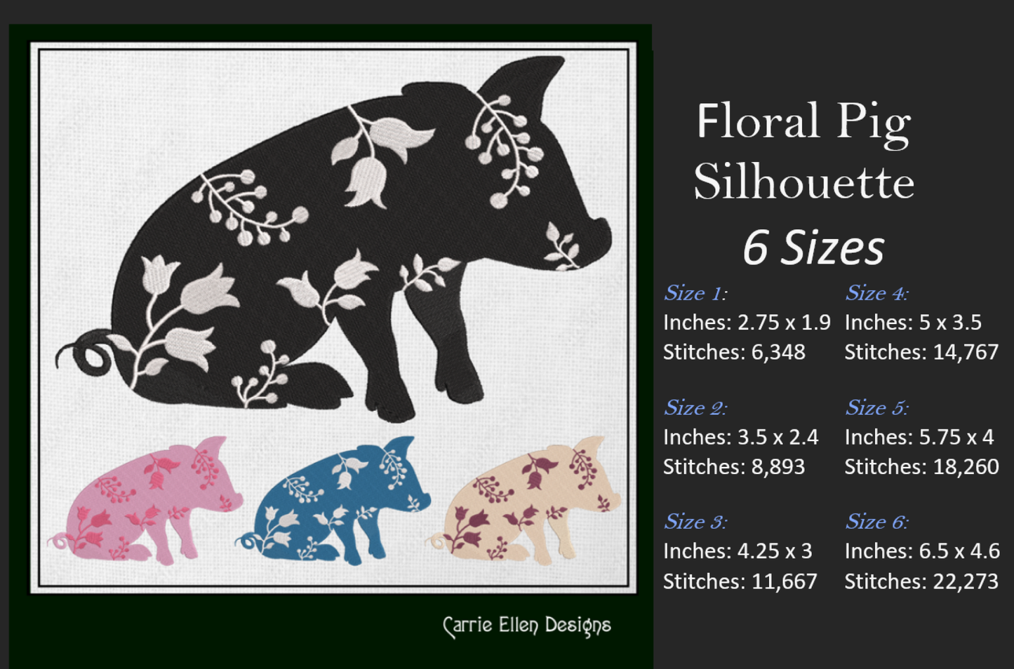 Pig Machine Embroidery Design Bundle – Floral Pigs, Sketch Farm Animal Designs, 6 Designs in 6 Sizes Each (2549)