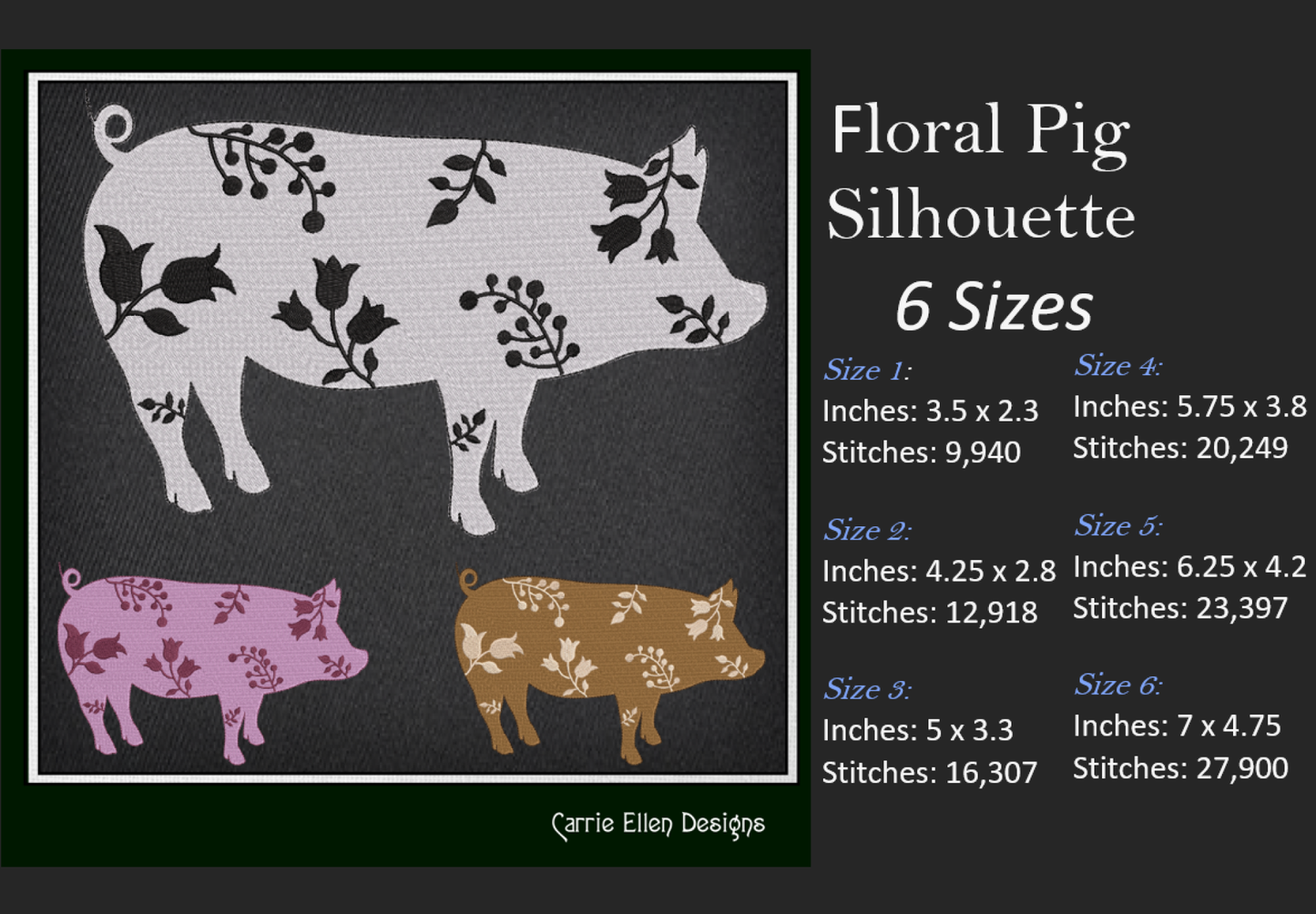 Pig Machine Embroidery Design Bundle – Floral Pigs, Sketch Farm Animal Designs, 6 Designs in 6 Sizes Each (2549)