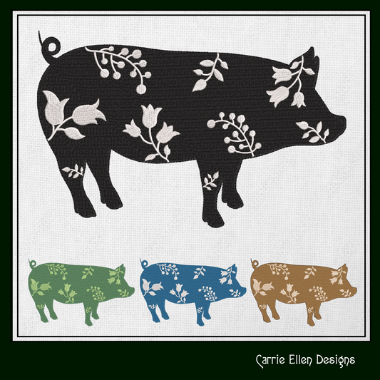 Floral Pig Machine Embroidery Design – Standing Piglet Farm Animal Silhouette with Flowers, Wildflower Livestock Silhouette, 6 Sizes (1647)