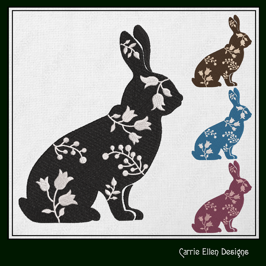 Floral Rabbit Machine Embroidery Design – Sitting Bunny Farm Animal Silhouette with Flowers, Wildflower Livestock Silhouette, 6 Sizes (1672)