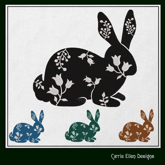 Floral Rabbit Machine Embroidery Design – Sitting Bunny Farm Animal Silhouette with Flowers, Wildflower Livestock Silhouette, 6 Sizes (1674)