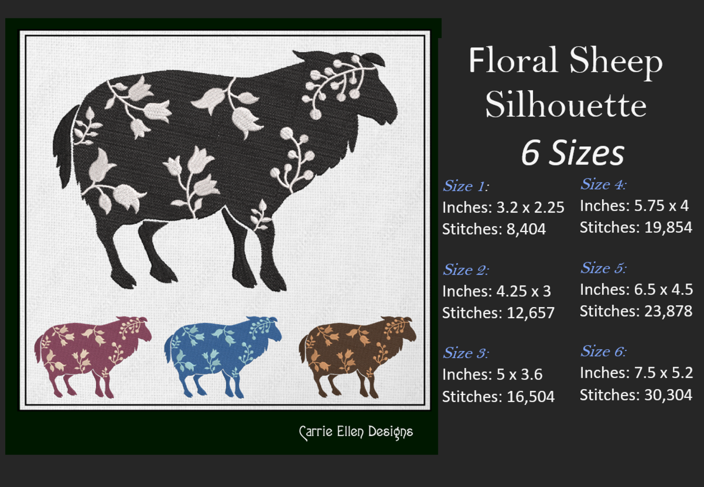 Floral Sheep Machine Embroidery Design – Livestock Farm Animal Silhouette with Flowers, 6 Sizes (1676)