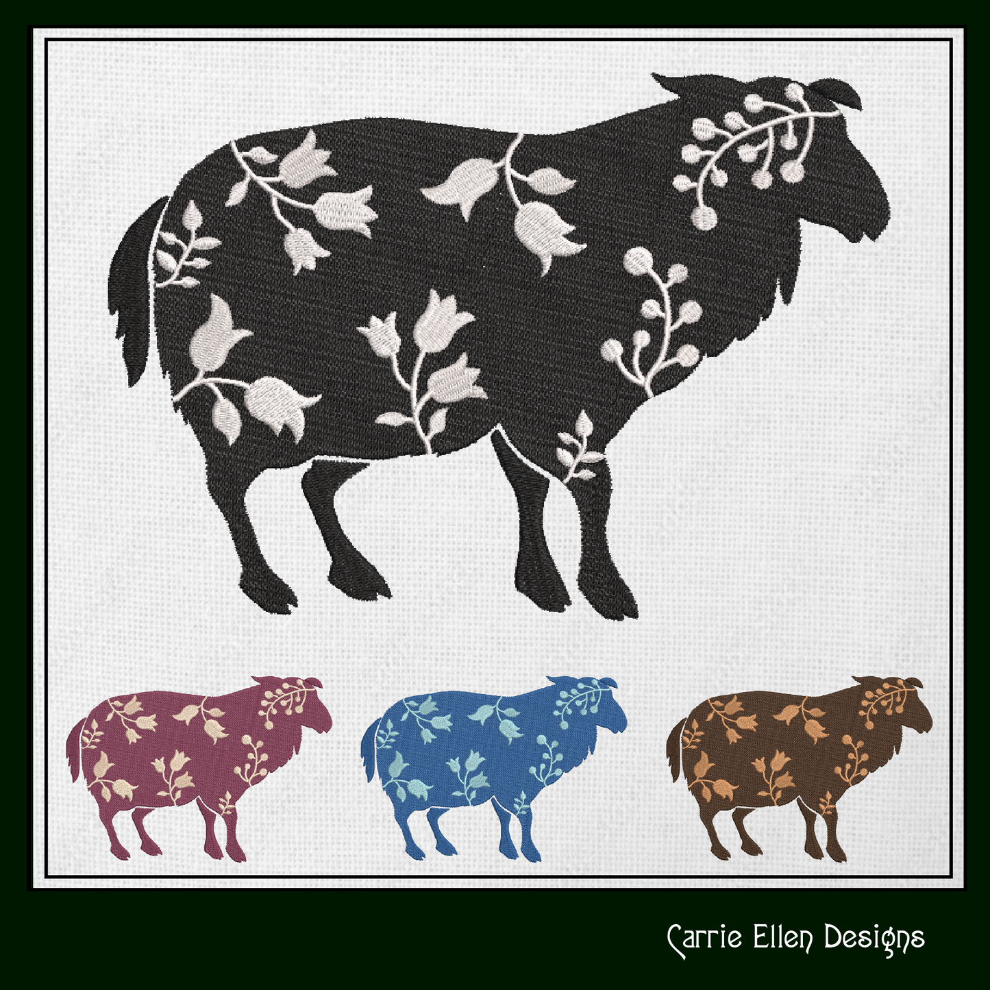 Floral Sheep Machine Embroidery Design – Livestock Farm Animal Silhouette with Flowers, 6 Sizes (1676)