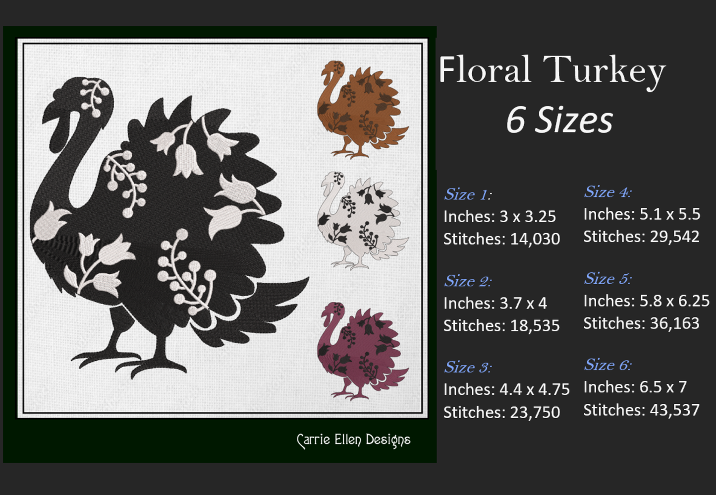 Floral Turkey Machine Embroidery Design – Wildflower Bird Silhouette – 6 Sizes (1618)