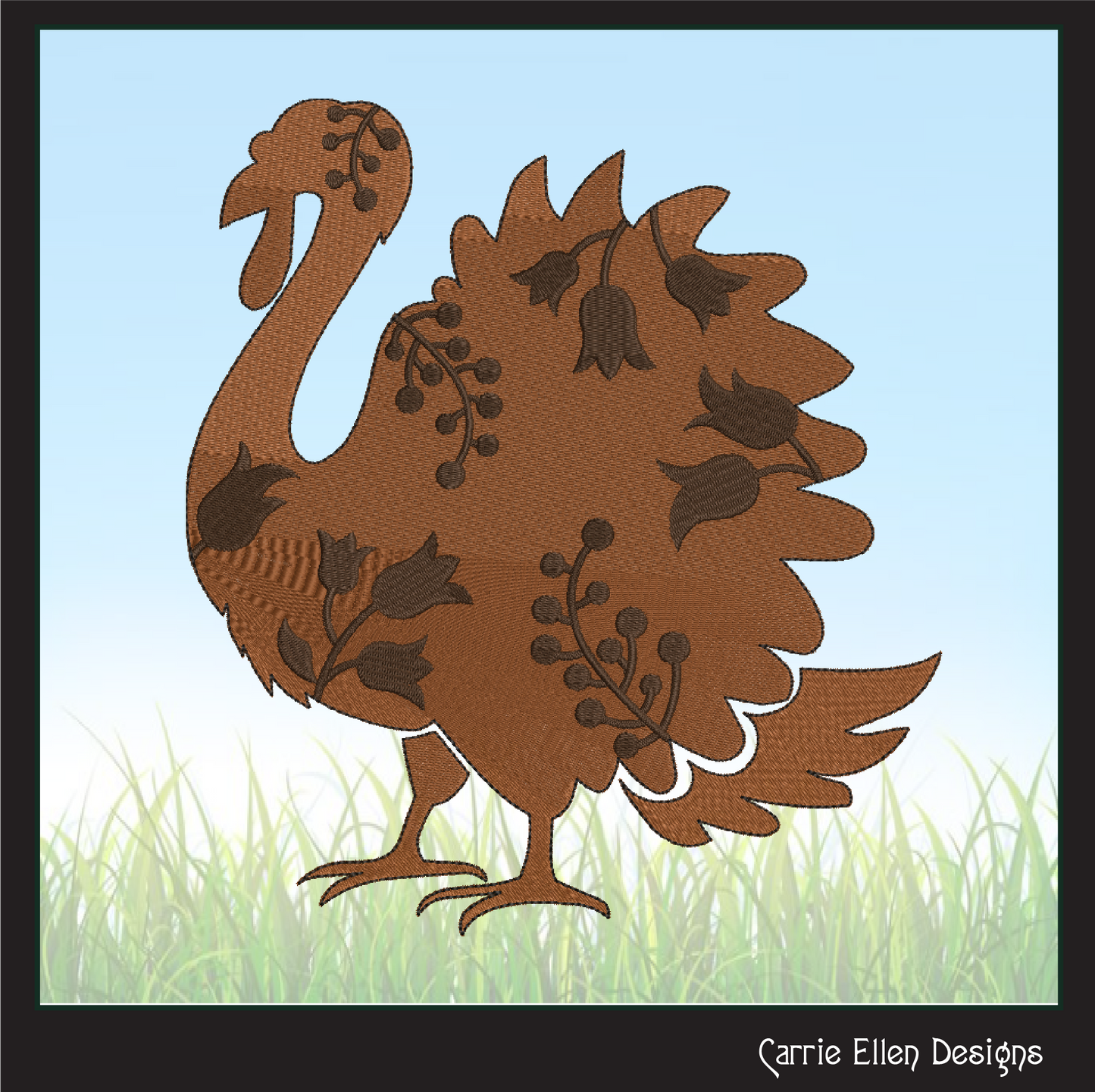 Floral Turkey Machine Embroidery Design – Wildflower Bird Silhouette – 6 Sizes (1618)