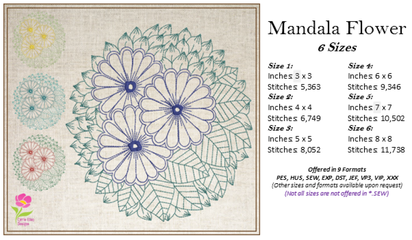 Mandala Flower Embroidery Design – Lace Floral Line Art – Spiritual Machine Embroidery File, 6 Sizes (0673)