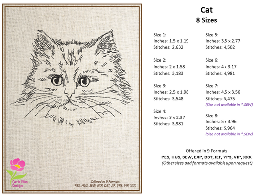 Cat Face Sketch Machine Embroidery Design, Fluffy Kitten Pet Portrait, Animal Embroidery, 8 Sizes (0368)