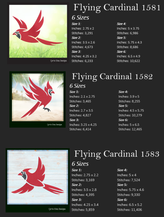 Cardinal Machine Embroidery Design Bundle – Flying Red Birds Collection – 3 Designs in 6 Sizes (1551)