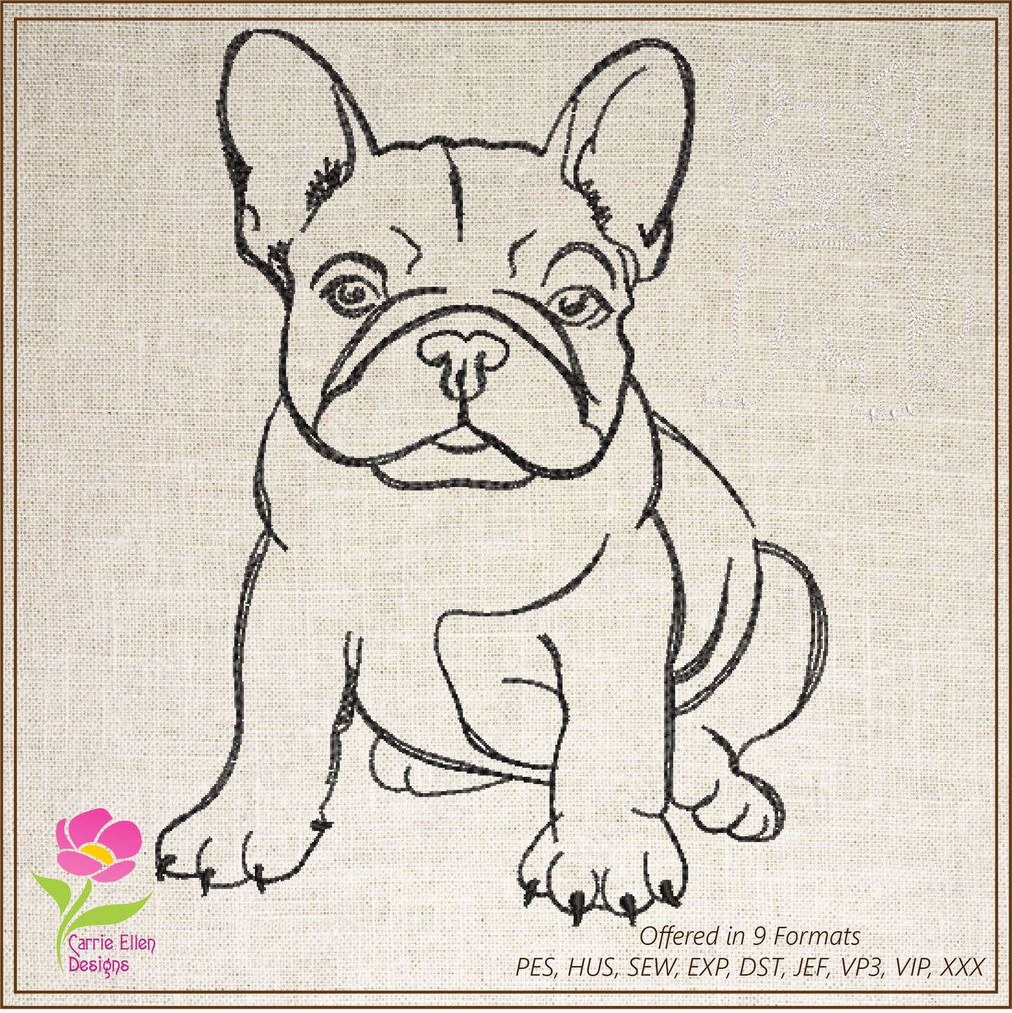French Bulldog Machine Embroidery Design – Frenchie Line Art Pet Dog Embroidery Pattern, 8 Sizes (0510)