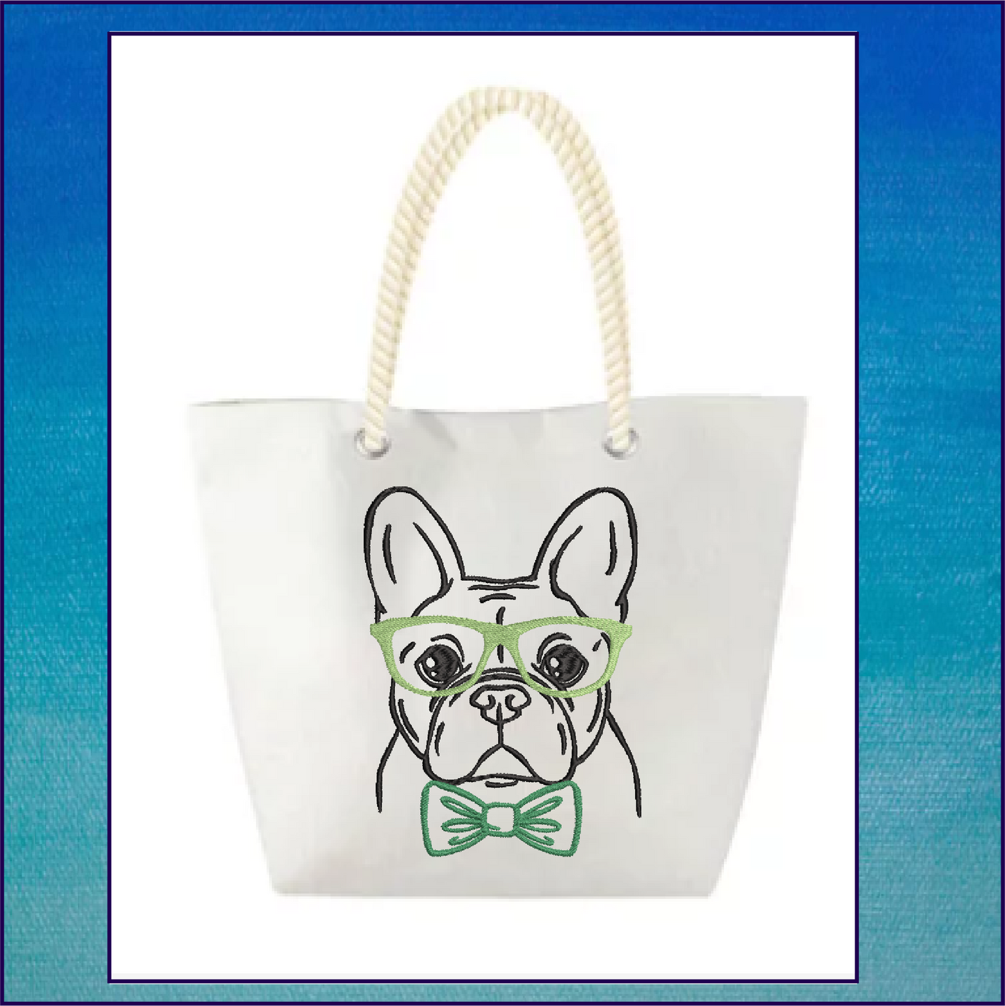 French Bulldog Machine Embroidery Design – Frenchie Dog with Glasses and Bow Tie, Stylish Pet Embroidery Pattern, 4 Sizes (0507)