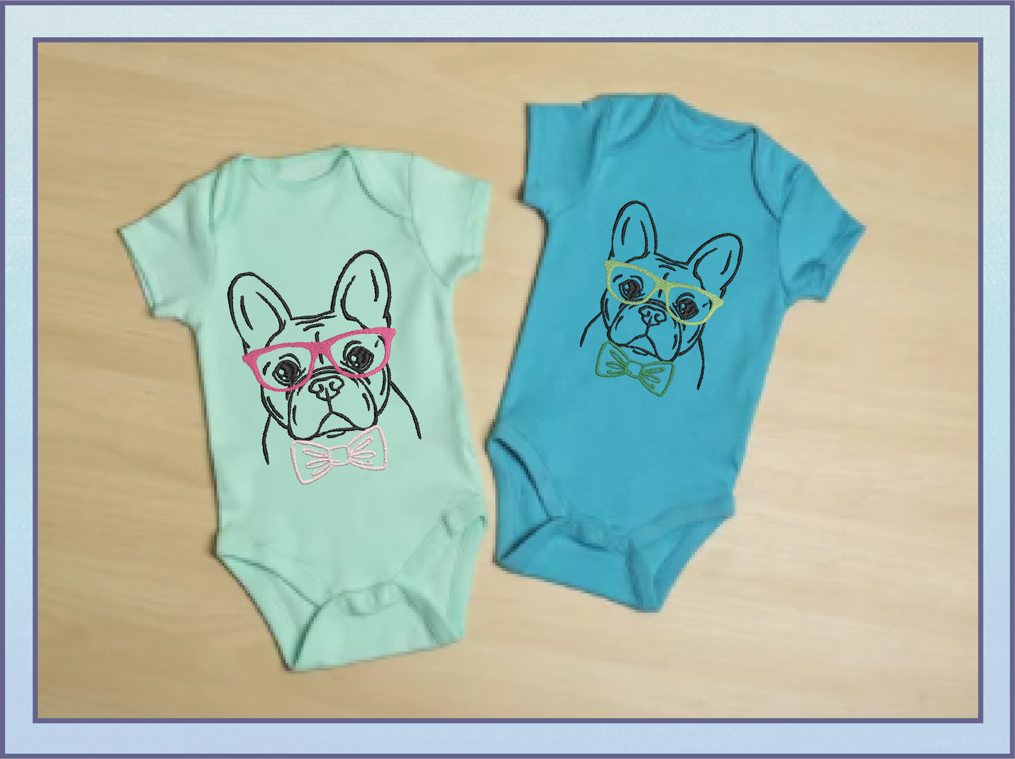 French Bulldog Machine Embroidery Design – Frenchie Dog with Glasses and Bow Tie, Stylish Pet Embroidery Pattern, 4 Sizes (0507)