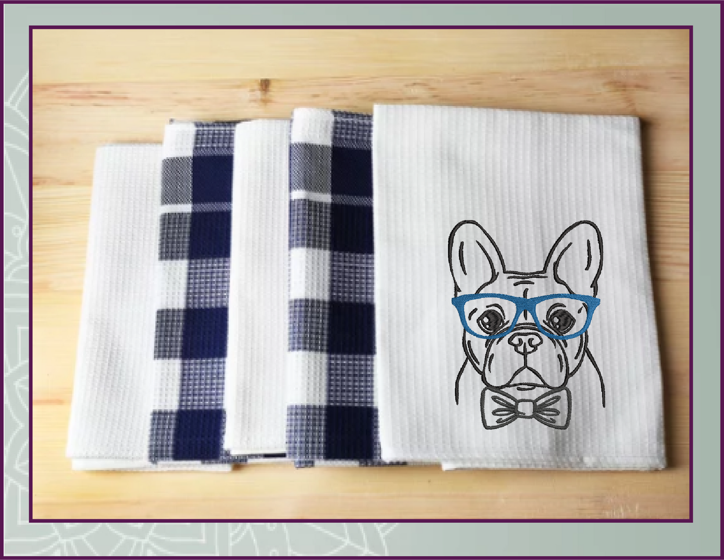 French Bulldog Machine Embroidery Design – Frenchie Dog with Glasses and Bow Tie, Stylish Pet Embroidery Pattern, 4 Sizes (0507)