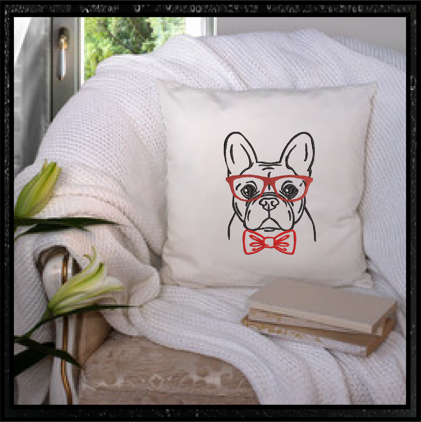 French Bulldog Machine Embroidery Design – Frenchie Dog with Glasses and Bow Tie, Stylish Pet Embroidery Pattern, 4 Sizes (0507)