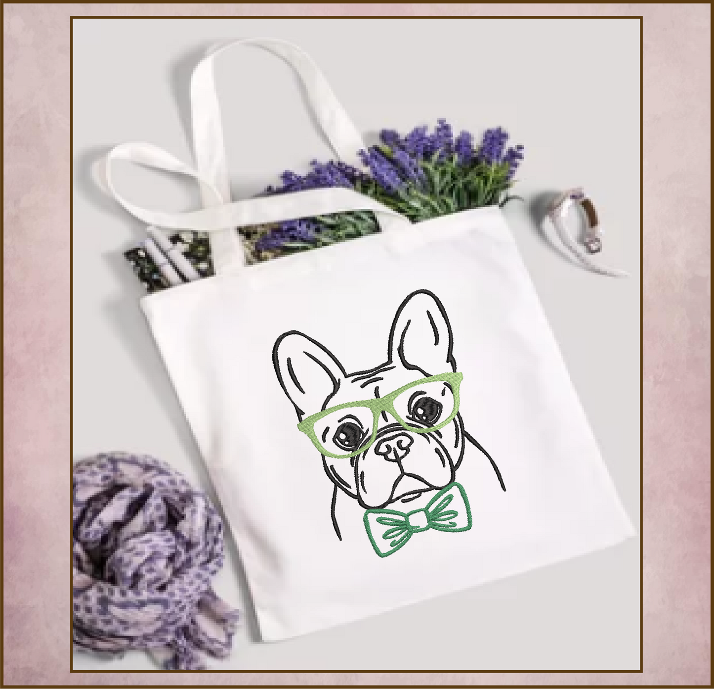 French Bulldog Machine Embroidery Design – Frenchie Dog with Glasses and Bow Tie, Stylish Pet Embroidery Pattern, 4 Sizes (0507)