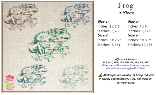 Frog Machine Embroidery Design, Toad Embroidery Sketch Design, Redwork Animal Line Art, Nature Embroidery, 4 Sizes (0434)