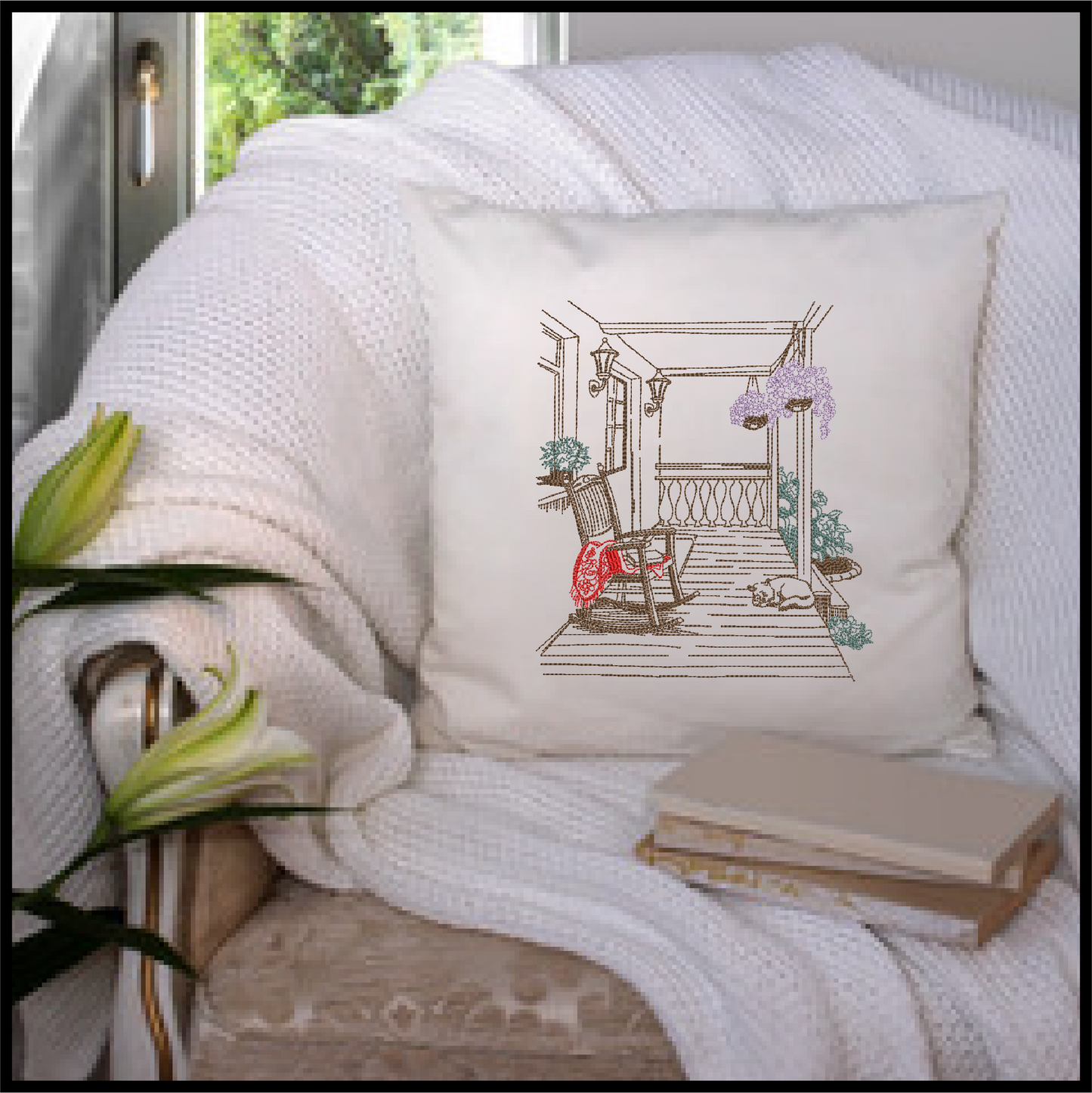Front Porch Sketch Machine Embroidery Design | Rocking Chair Country Home Design | Garden Embroidery | 6 Sizes (0731)