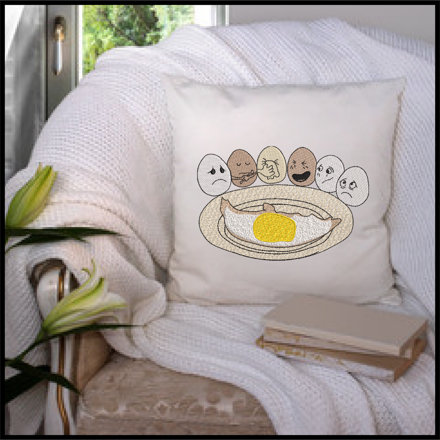 Fry-Day Machine Embroidery Design – Funny Fried Egg Funeral Scene, Breakfast Humor Pattern, 6 Sizes (0612)