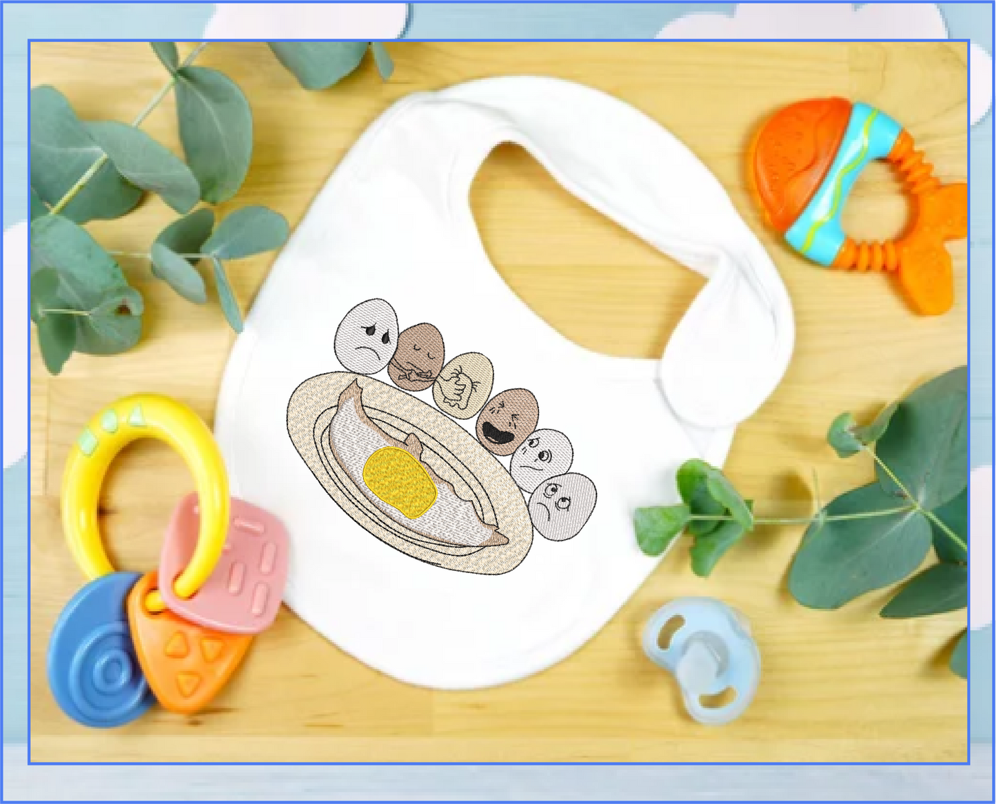 Fry-Day Machine Embroidery Design – Funny Fried Egg Funeral Scene, Breakfast Humor Pattern, 6 Sizes (0612)