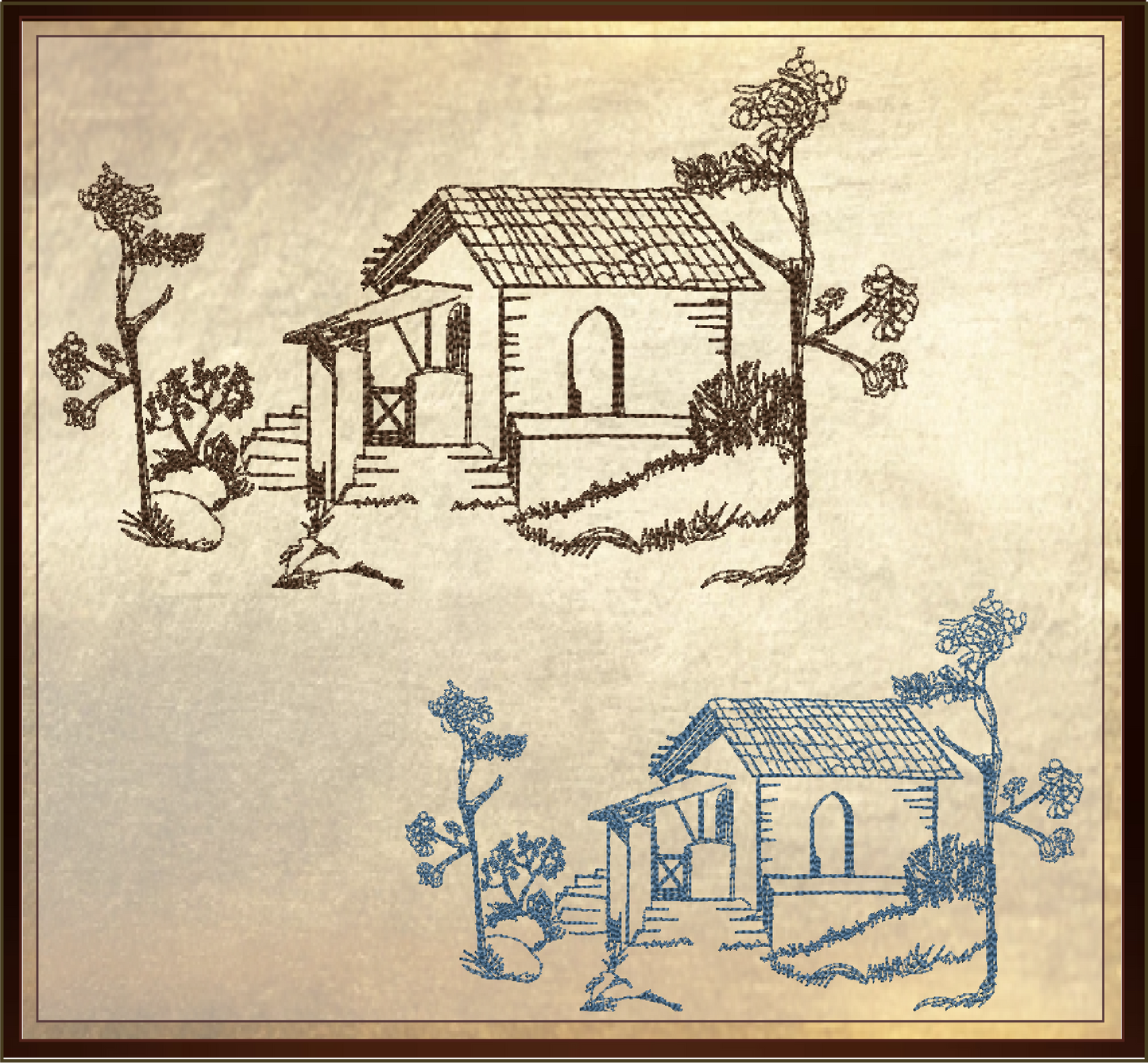 Garden Cottage Sketch Machine Embroidery Design | Artistic Line Art Landscape Design | Cottage Embroidery | 8 Sizes (0920)