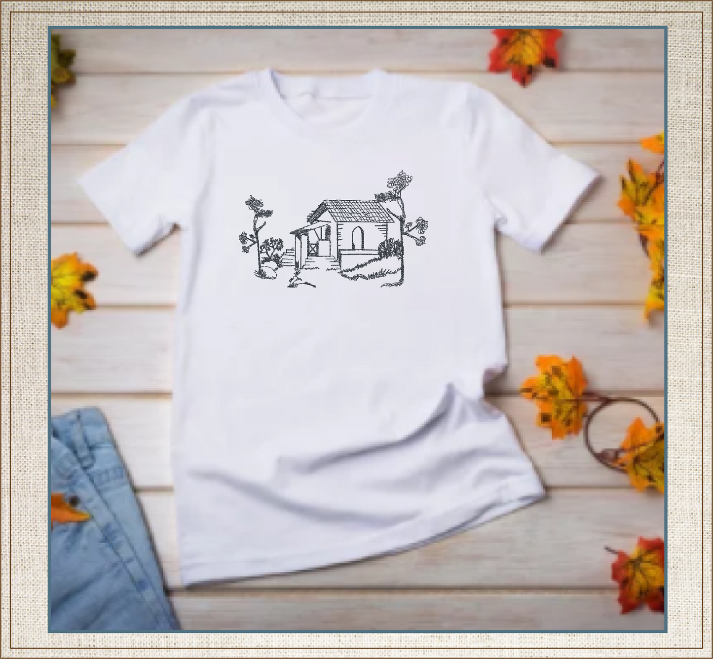 Garden Cottage Sketch Machine Embroidery Design | Artistic Line Art Landscape Design | Cottage Embroidery | 8 Sizes (0920)